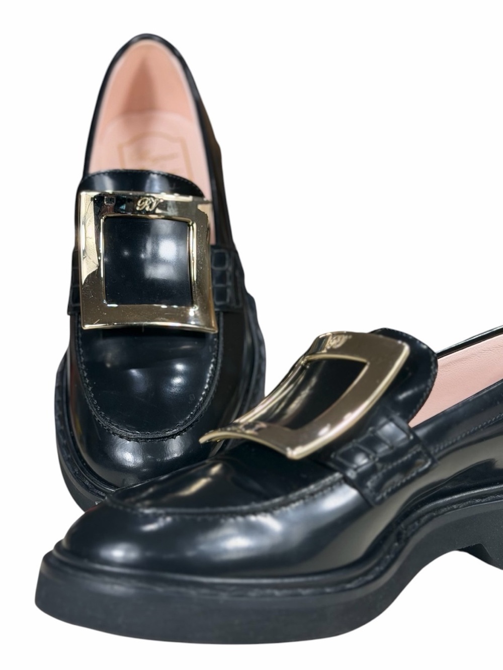 Roger Vivier Black Patent Leather Loafers with Gold Buckle